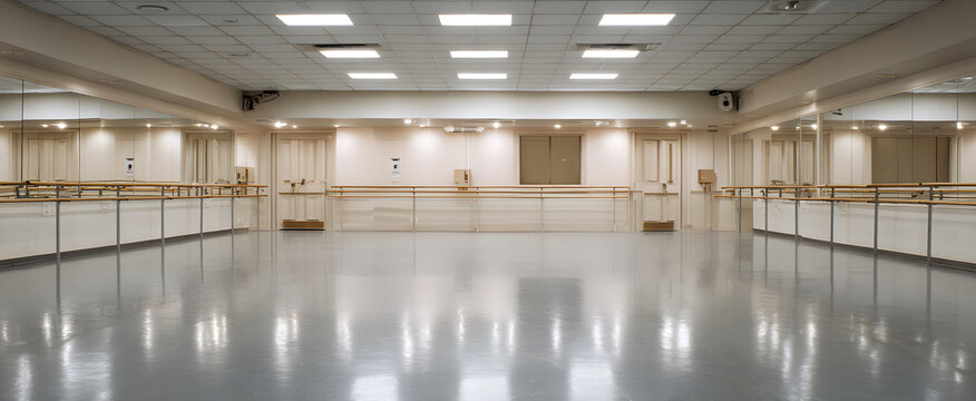 Dance rehearsal studio with reflective walls and ballet bars lining the space