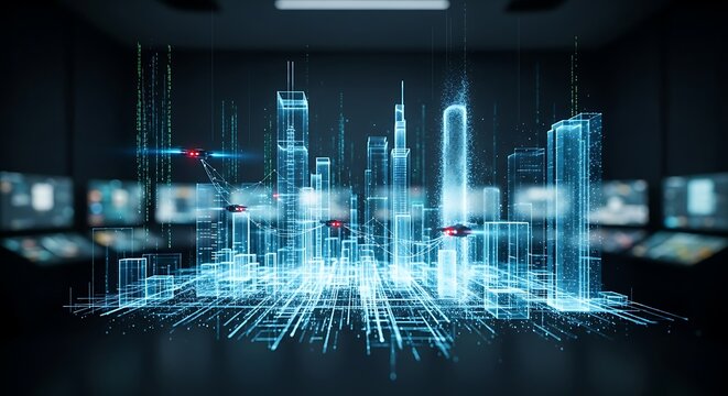 Futuristic holographic cityscape displayed in a dark control room with multiple screens showing data