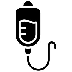 IV Drip Glyph Black Silhouette Icon Design Vector - IV bag representing infusion therapy, hospitalization, and medical treatment