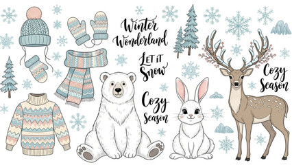 Winter Season Elements Set – Warm Clothes, Animals, and Holiday Calligraphy Vector Illustration