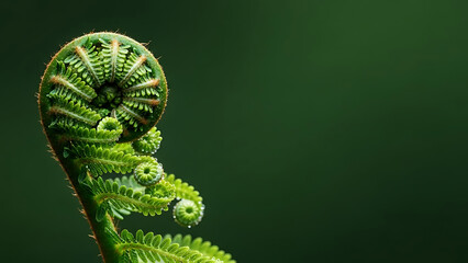 Close-up of a vibrant green fern fiddlehead unfurling against a dark green background, showcasing natural spiral patterns.