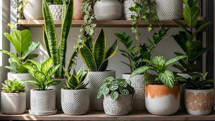 Potted Plant Set with Greenery and Patterned Concrete Pots