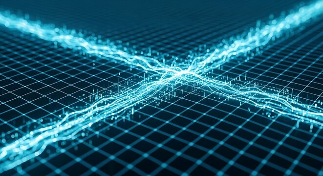 Abstract digital grid with glowing blue energy streams intersecting and radiating light in a futuristic network concept