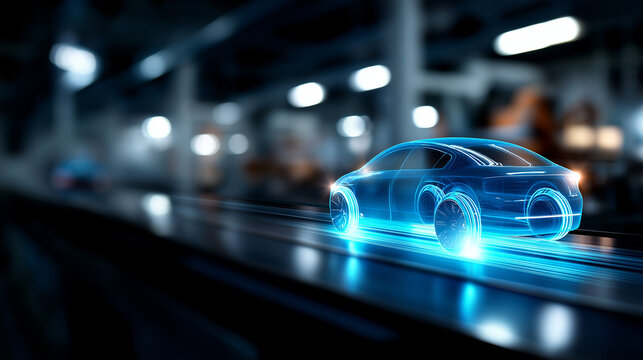 Futuristic blue vehicle design hologram in automotive factory defocused manufacturing background digital visualization concept automobile production innovation technological