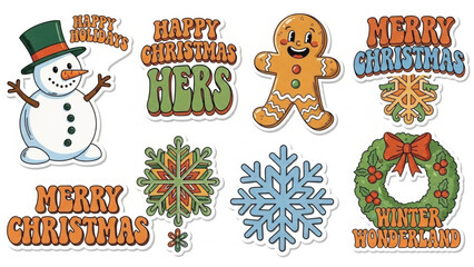 Retro Groovy Christmas Character Stickers with Funny Holiday Mascots