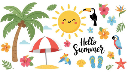 Cute Summer Elements Set – Sun, Palm Tree, Tropical Flowers and Birds Vector Illustration