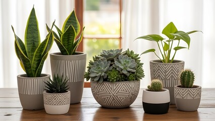 Potted Plant Set with Greenery and Patterned Concrete Pots