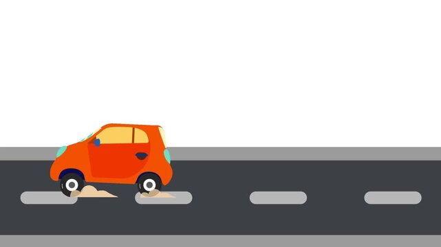 Orange car speeding on a grey road with white lines passing by, vector illustration