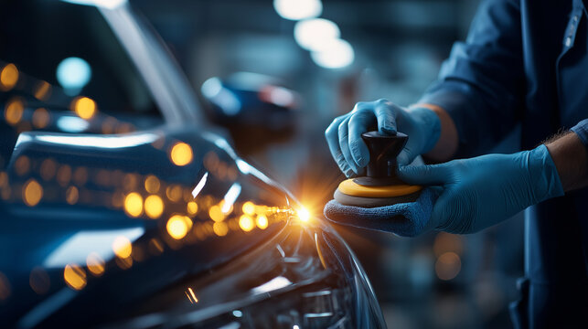 Vehicle detailing with blue protective wear polishing shiny surface faceless detailer defocused auto body shop background microfiber cloth application reflecting bright lights