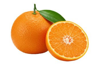 One whole vibrant orange Dekopon tangerine with knobby top, green leaf, and cut half revealing succulent juicy segments, white pith, on white, appetizing freshness concept