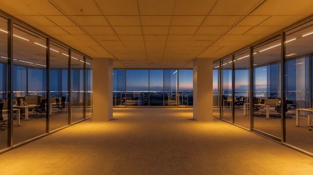 Spacious modern office interior with panoramic windows at dusk, warm ambient lighting, empty corporate workspace overlooking city skyline