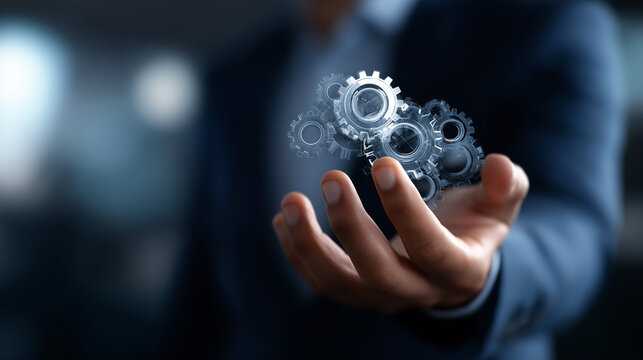 Professional hand holding automation process chart faceless businessman defocused efficiency background driven workflow optimization robotics algorithms innovation productivity