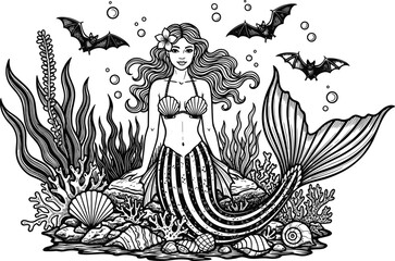 Black and white nautical illustration featuring a beautiful mythical striped-tail mermaid, surrounded by underwater plants, sea life, bubbles, and flying spooky bats