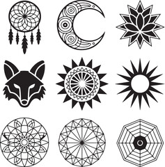 Set of Geometric Vector Illustrations with Dreamcatcher Moon Fox and Sun