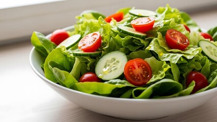 Fresh green salad with tomatoes and cucumbers in a bowl