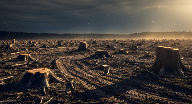 Barren landscape with numerous tree stumps and tire tracks, a stark representation of deforestation and its environmental impact