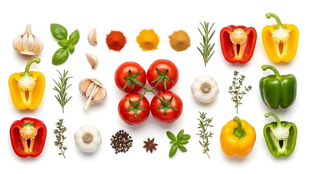 Fresh colorful vegetables and herbs arranged on a white background