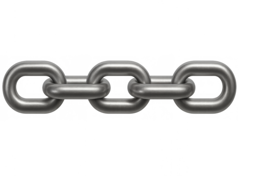 Metal chain with linked segments illustrating strength, unity, security, and connection on transparent background