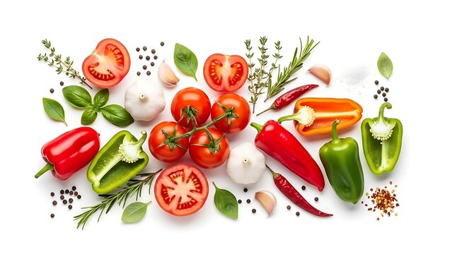 Fresh vegetables and herbs arrangement on a white background for cooking concept - Powered by Adobe