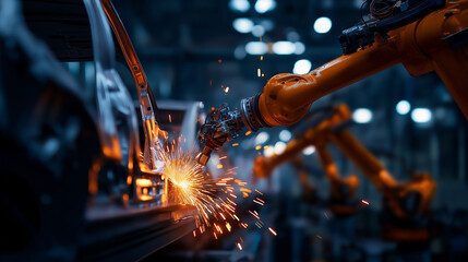 Robotic arms welding vehicle in automotive factory defocused assembly line background automation technology industry sparks lights steel parts modern production process