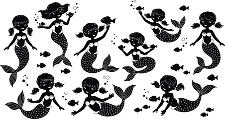 Mermaid silhouette vector set, eight playful cartoon designs with fish, bubbles, pigtails for kids activity, coloring book, nursery, fantasy theme
