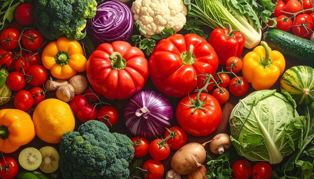 An array of vibrant, fresh vegetables and fruits, carefully arranged to display their diverse textures and colors