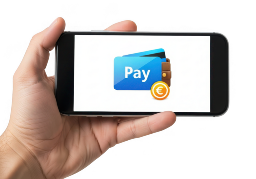 Hand holding smartphone displaying digital wallet icon with pay symbol isolated on transparent background