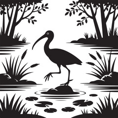 Silhouette illustration of ibis bird standing in a peaceful swampy landscape