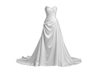 Elegant white strapless wedding gown with train isolated on transparent background