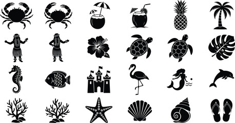 Tropical beach icon vector set, black silhouette designs of sea creatures, summer elements for vacation decor, apparel, greeting card, activity sheet