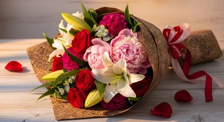 Elegant floral arrangement with roses lilies and peonies for a special occasion