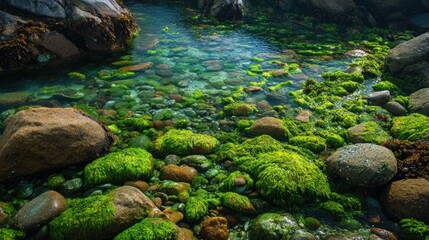 Crystal clear tide pool with vibrant green algae and smooth stones in a coastal environment