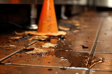 A messy floor with spilled liquid and debris, featuring an orange cone for safety.