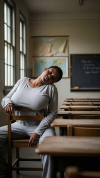 Woman relaxes in a chair in an empty classroom, expressing a calm demeanor and serenity