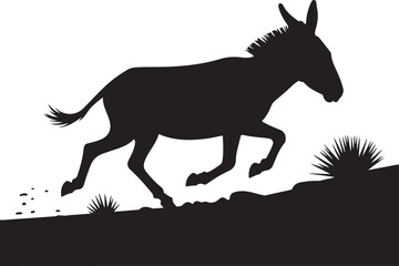 Silhouette of a donkey running free on a dark landscape isolated