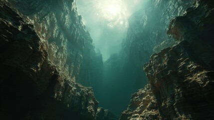 Majestic underwater canyon with light streaming through water at midday