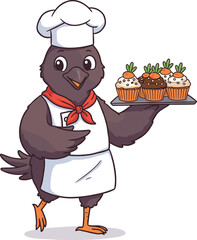 Cartoon chef bird, presenting cupcakes, playful baking scene, culinary humor, food art, whimsical pastry moment, kids content, apron style, cupcake tray
