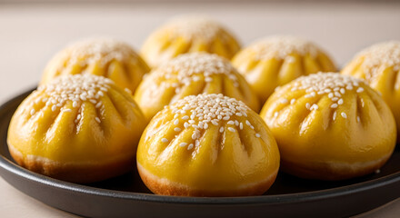 Steamed Yellow Sesame Buns Food On Dark Plate Close Up