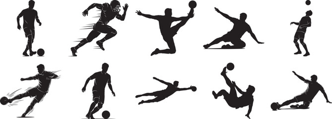 Soccer player action silhouette vector set with dynamic football kicking and running gameplay poses