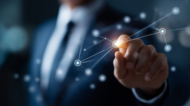 Workflow automation concept with artificial intelligence software faceless businessman uses defocused interface background coding flow process technology nodes triggers data too - Powered by Adobe