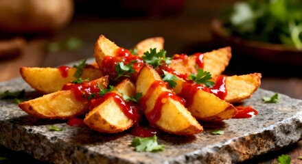 Fried potato wedges with hot salsa sauce, herbs on stone board