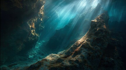 Underwater scene with light beams illuminating rocky formations near the ocean floor