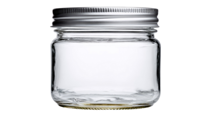 Single empty clear glass jar isolated on a white background, perfect as a transparent storage container or medical glassware object