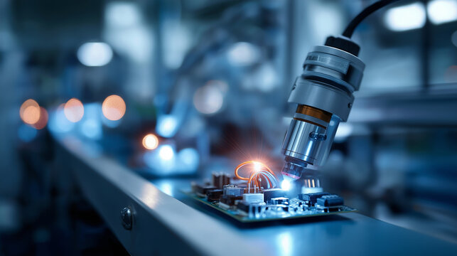 Advanced high precision robotic equipment inside bright electronics factory defocused production background electronic devices manufacturing industry component installation