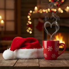 A steaming red mug with snowflakes sits beside a plush Santa hat on a rustic table