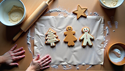 Hands decorating gingerbread cookies in festive kitchen setting  