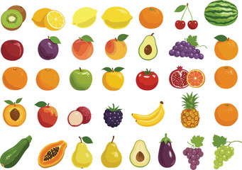 Cartoon fruit collection, colorful grid illustration, tropical and exotic fruits, educational design, healthy food drawing, vector art, nature elements