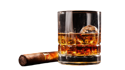 A glass of cold scotch whiskey on the rocks is an isolated luxury brown alcoholic beverage