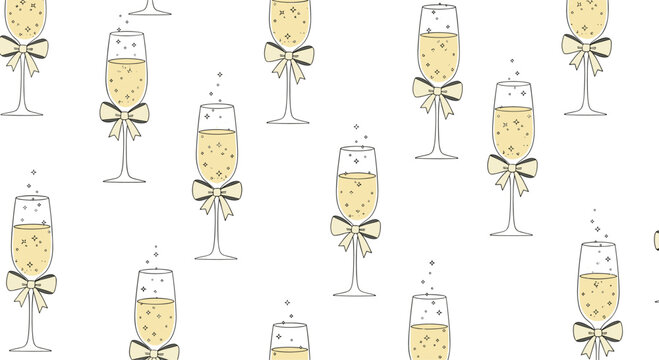 Festive seamless pattern of elegant champagne flutes filled with sparkling bubbles and adorned with delicate ribbons for celebrations.