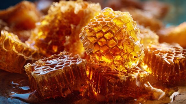 Macro photography and close up of golden honeycomb filled with rich amber honey, showcasing hexaganol structure, sticky tecture and glistening surface in warm light